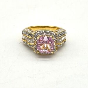 925 MEDA Gold Over Sterling Silver Pink Cushion Cut Halo Statement Ring Size 5